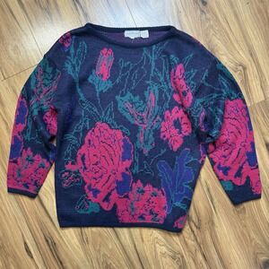 Vtg Sz L Rose Knit Sweater Grandma Floral Cottage Roses Y2K Wool Blend Hong Kong
